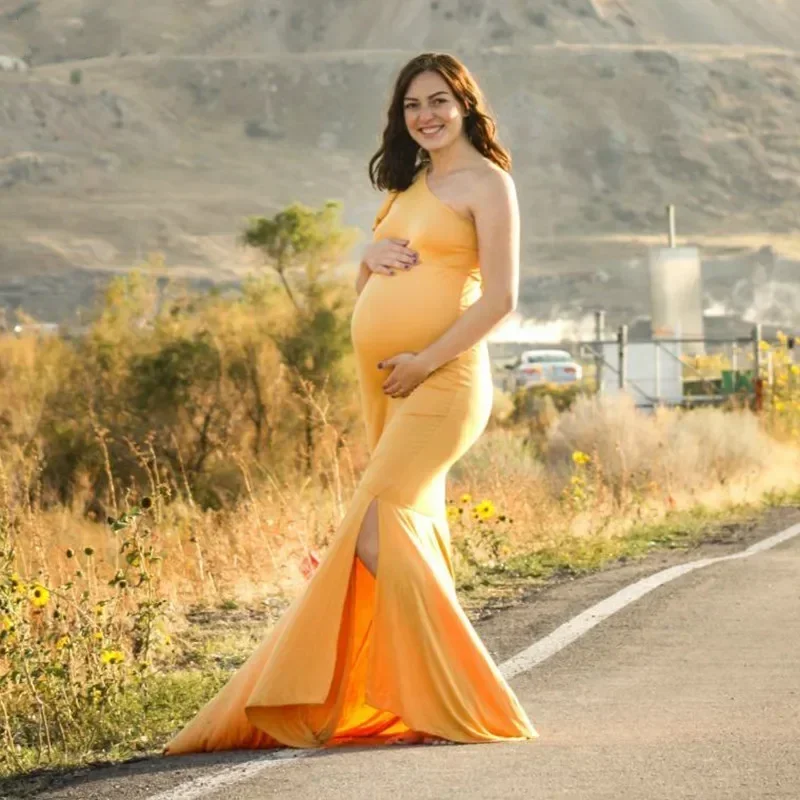 

Сексуальные Платья для беременных на одно плечо для фотосъемки платье-макси с разрезом и юбкой-годе для беременных летнее платье
