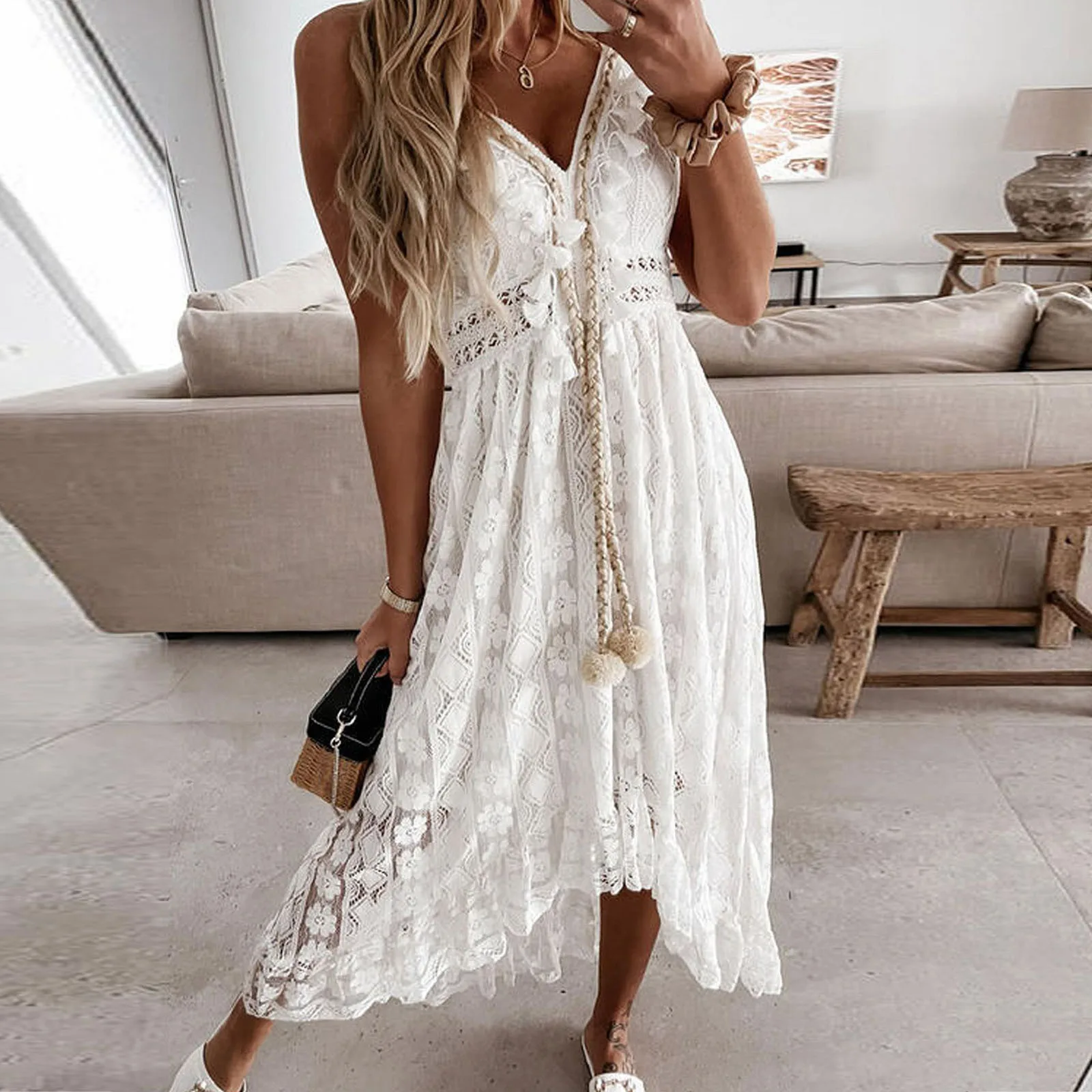 

Boho Dress Women Summer Lady Off Shoulder Holiday Lace V Neck Spaghetti Strap Sundress White Dress Vestidos Holiday De Mujer