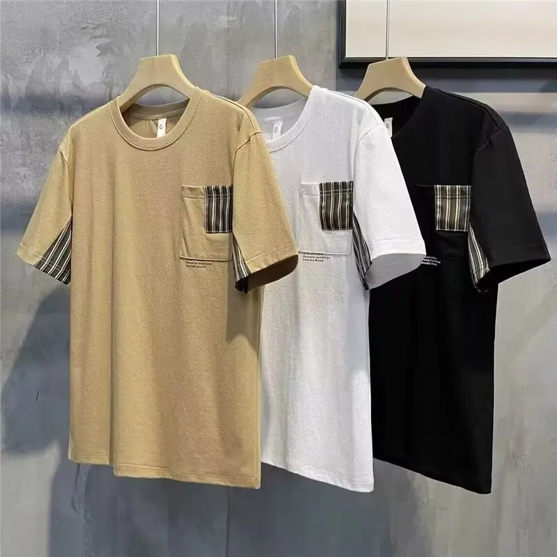 

Korean style trendy T-shirt pocket color collision design loose short sleeve 2024 summer men's tshirt tee tops