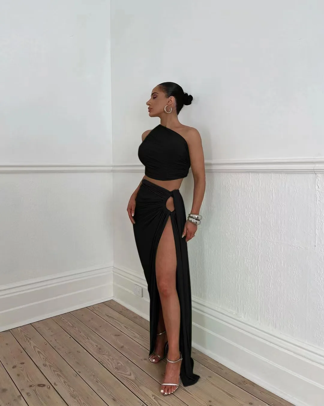 Autumn Winter One Shoulder Bodycon Dress Suits Women Backless Crop Top Split Long Skirt Two Piece Matching Sets Outfits Party