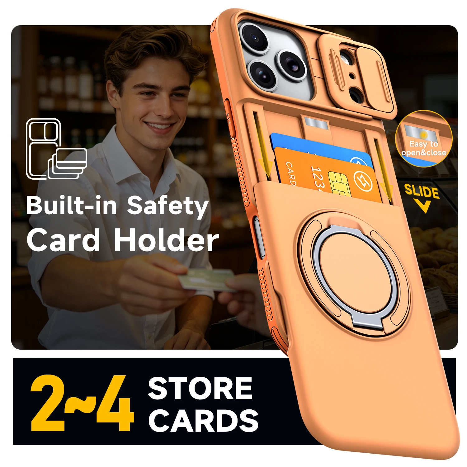 Enhanced Armor Case with Slide Camera Protector, Magnetic Ring Holder, and Card Cover