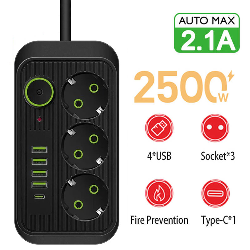 2M EU Plug AC Outlets Multitap Socket Extension Cord Electrical Power Strip With 4 USB Type C Fast Charge Network Filter Adapter