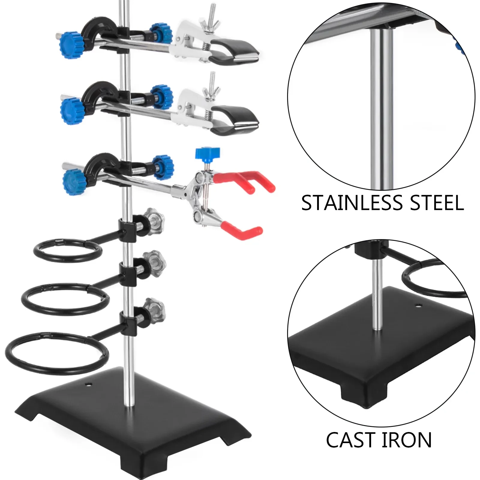 Laboratory Support Stand Rack With 3 Adjustable Clips and 3 Hoods School Supplies Stainless for Chemical Biology Teaching