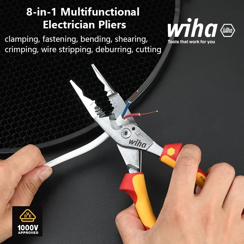 WIHA 45489 Electrician Plier 8-in-1 Multifunctional Insulated Wire Stripping Pliers Wide Handle Design Easy Operation