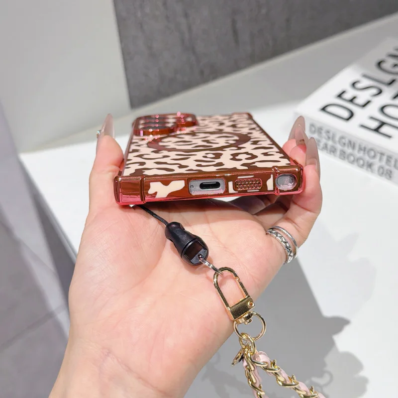 Leopard Print Magnetic Phone Case with Wrist Strap