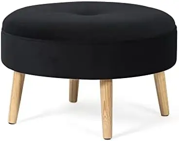 

Round Velvet Footrest Stool, Upholstered Ottoman Coffee Table, Button Tufted Padded Foot Stools with Solid Wood Legs, Glassy Yel