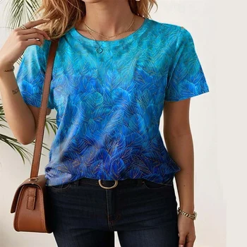 2026 New Summer Women T-shirt Blue Feather Print Crew Neck Short Sleeve Casual Tee Tops Fashion Gradient Leaf Pattern Loose Wear