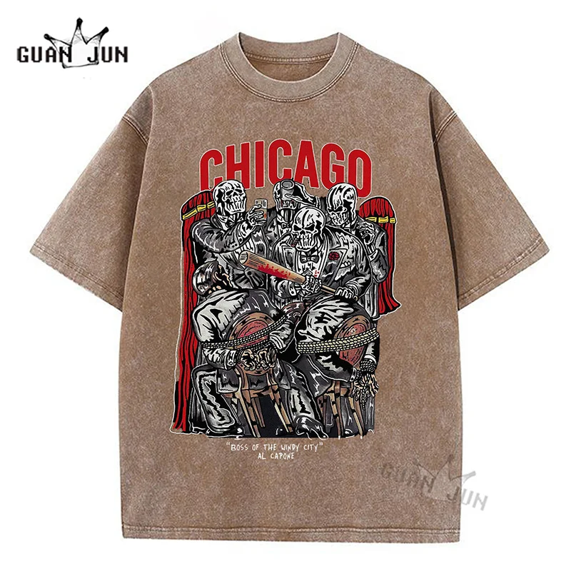 

Retro Washed Tees Mens Oversized T Shirt Summer T Shirt Chigago Graphic T-ahirts Cotton Streetwear Men's Short-sleeved Clothing