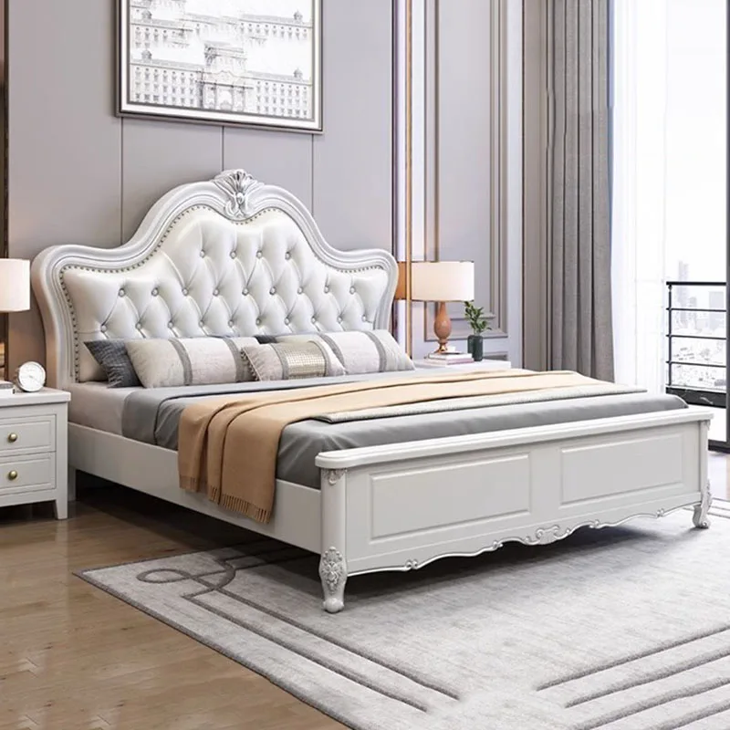 

European Luxury Double Bed aesthetic nordic White King Size Twin Bed Frame Storage Platform Wood Cama De Casal Nordic Furniture