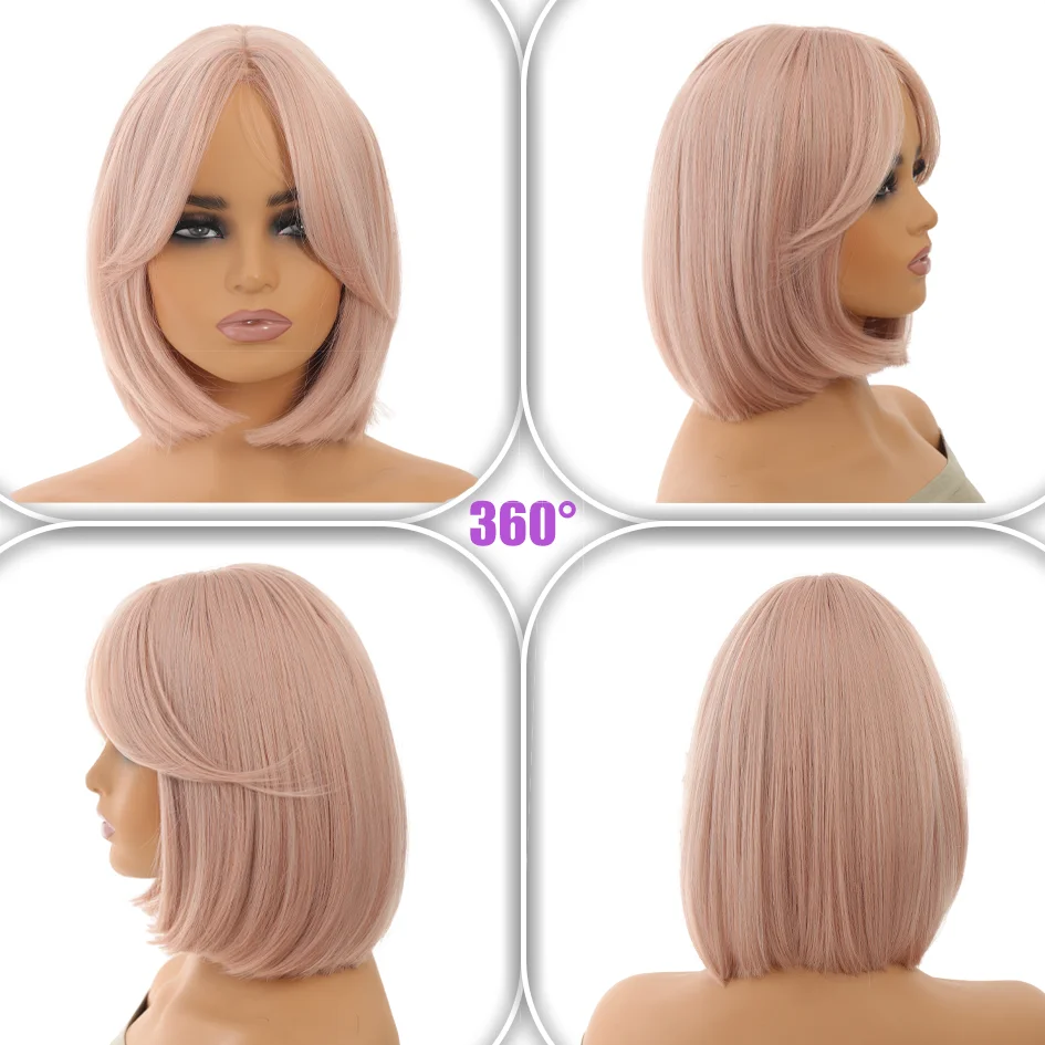 Pink wig - Women's 14 "5.29oz pink blonde Bob wig medium part with outturned figure-eight bangs short headpiece, Bob wig
