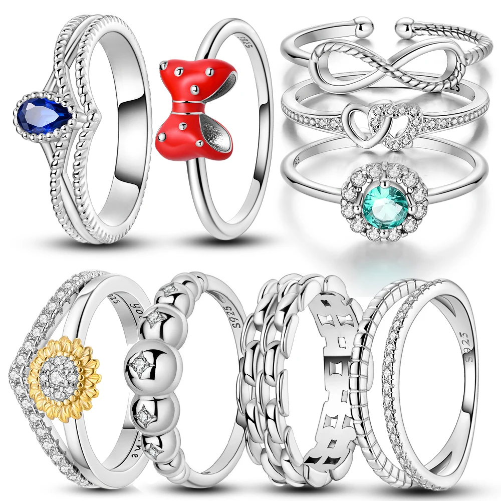 

925 Sterling Silver Ring Red Bow Blue Zircon Chrysanthemum Ring For Women's Fine Jewelry Raw Silver 925 Ring Jewelry Gift