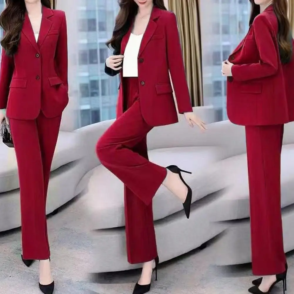 

Women Office Clothes Formal Business Style Women's Coat Pants Suit Set with Lapel Button Closure Cardigan Wide Leg for Work