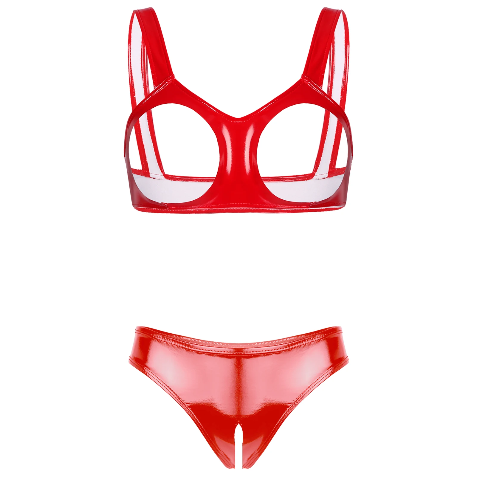 thumbnail image 1 of Conjunto de 2 piezas de lencería sexy de charol con aspecto mojado para mujer, sujetador con copas abiertas y entrepierna abierta, bragas de corte alto, 1 of 5