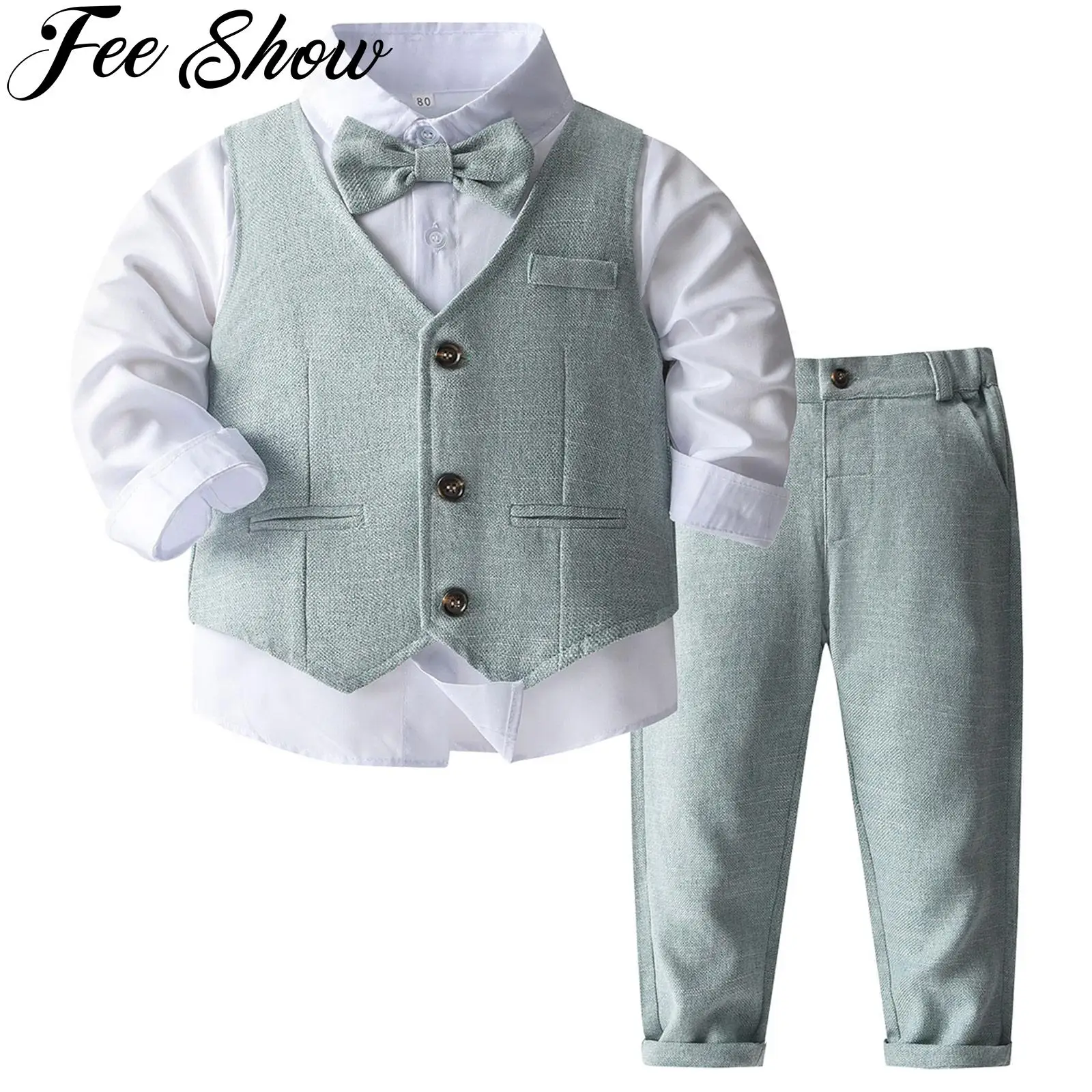 

Baby Boy Clothes Suits Toddler Gentleman Outfits Formal Long Sleeve Dress Shirt+ Vest+Pants+Bowtie Birthday Party Wedding Set