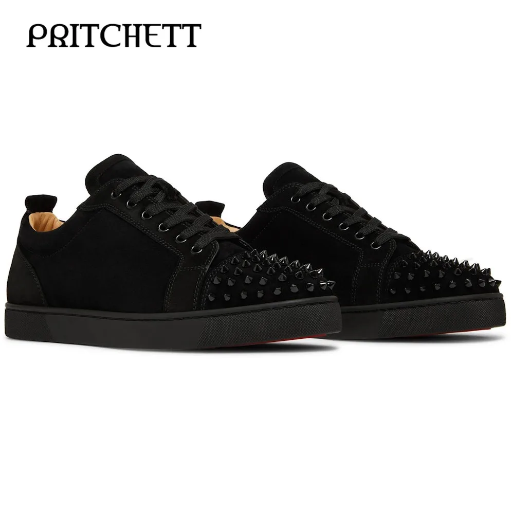 Black Rivet Lace-Up Round Toe Flat Sole Casual Sneakers Large Size For Men And Women casual sneakers