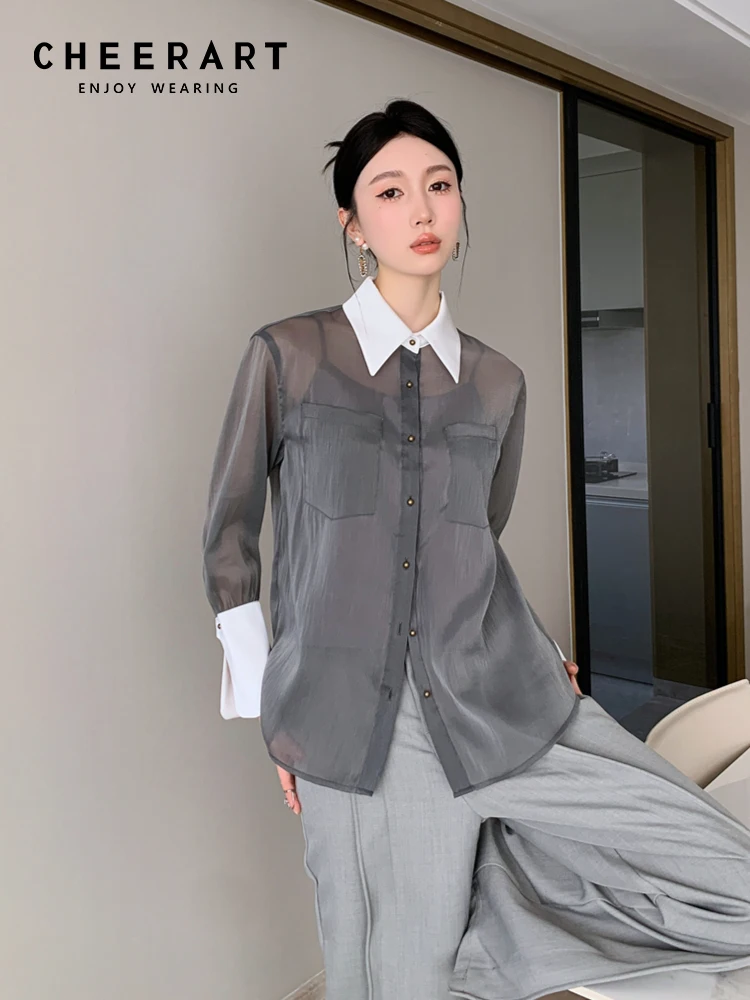 

CHEERART See Through Grey Button Up Shirt For Women Long Sleeve Top And Blouse Collar Shirt Spring Summer Fashion Clothing