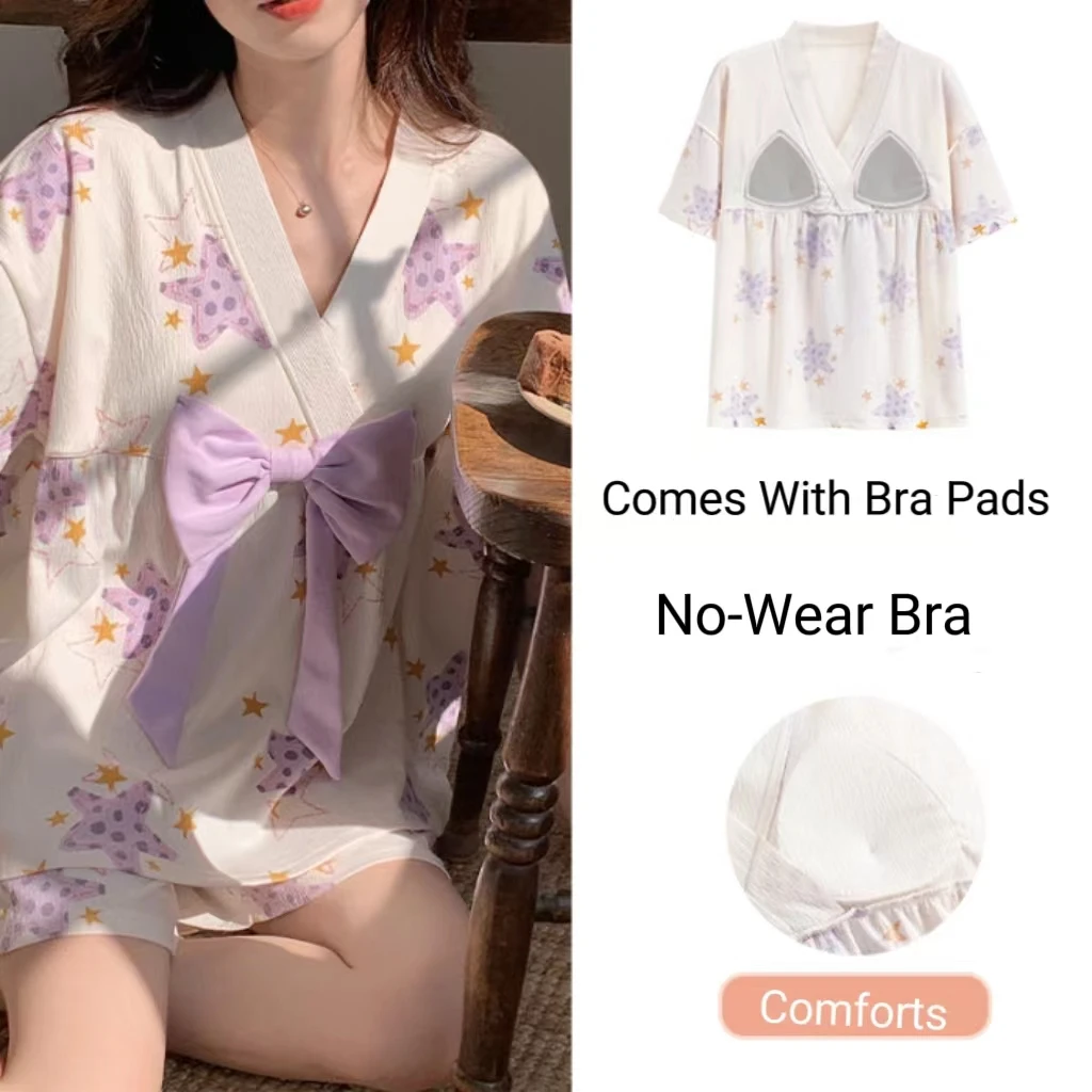 New Two-Piece Women's Pajamas Homewear Maternity Pajamas Summer Breastfeeding Clothes Imitation Cotton Homewear Leisure Suit 6