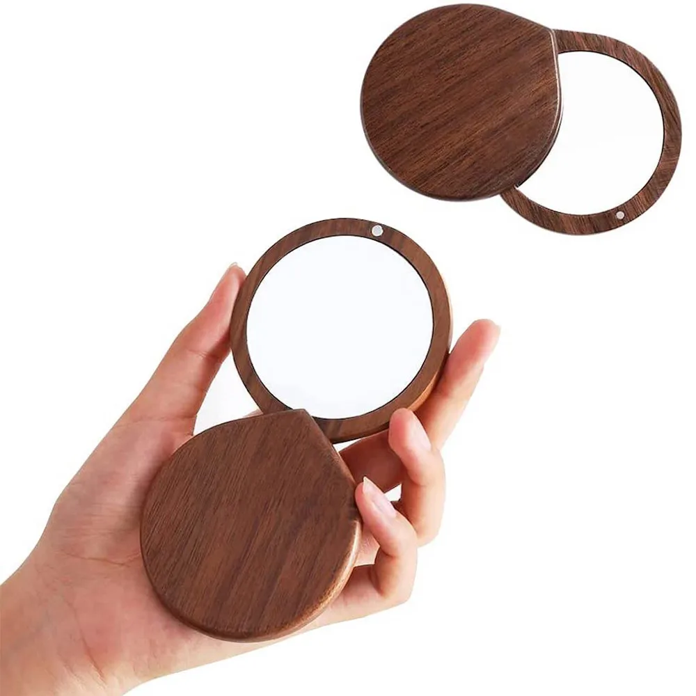 

10PCS Wooden Small Mirror Handheld Makeup Mirror Laser Engraving Custom Portable Folding Hand Round Mirrors for Women DIY Gifts