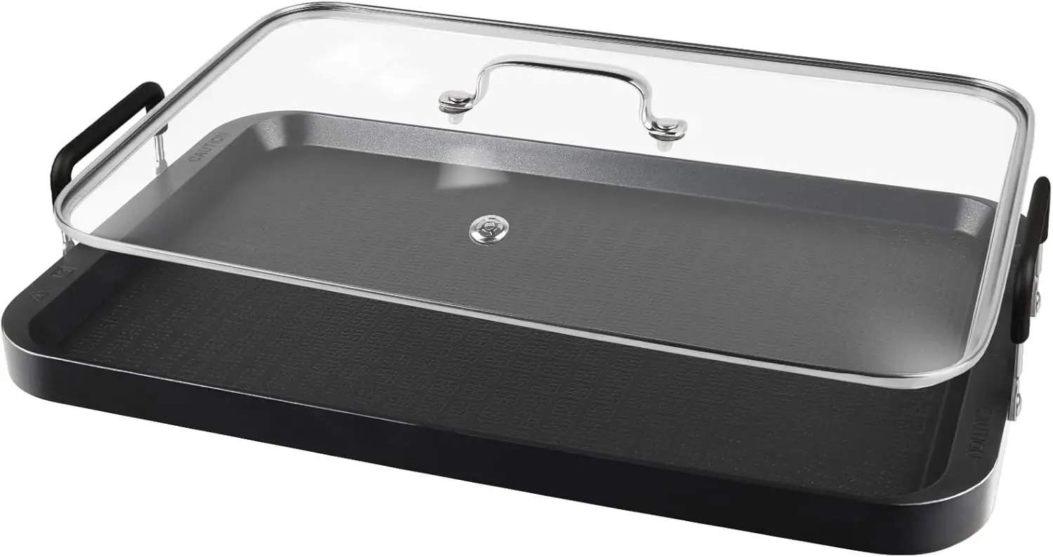 2 Burner Griddle Pan with Glass Lid,Stove Top Flat Griddle for Glass Stove Top,Aluminum Pancake Griddle,Non-Stick Griddl
