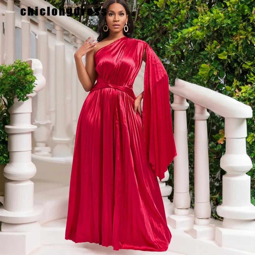 

Women's Single Sleeve Satin Pleated Evening Dress, Oblique Collar, Off Shoulder, Elegant, Fashion, Autumn, 2024