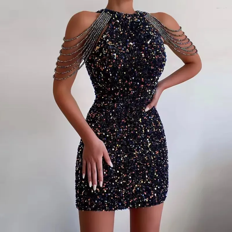 New Off Shoulder Elegant Sequin Dress Short Party Bodycon Dress Women Sexy Evening Party Birthday Dress