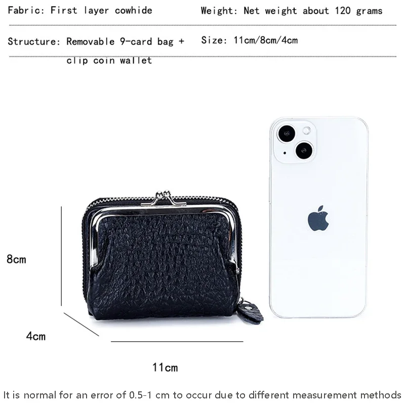 2 in 1 Change Purse Wallet Credit Card Holder with Coin Purse for Women Genuine Leather Wallet for Girl with Metal Frame Clasp