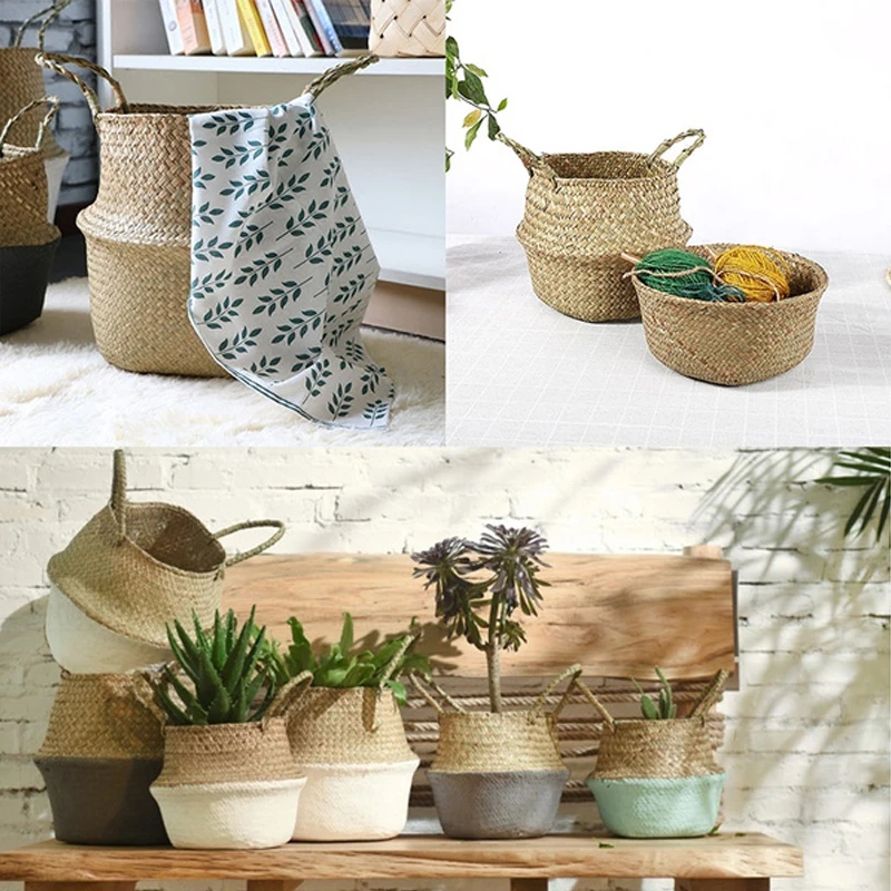 Description Picture 6 of itemFoldable Basket Weaved Storage Baskets with Handle Laundry Toys Sundries Organizer Rattan Flower Pots Container Storage Supplies