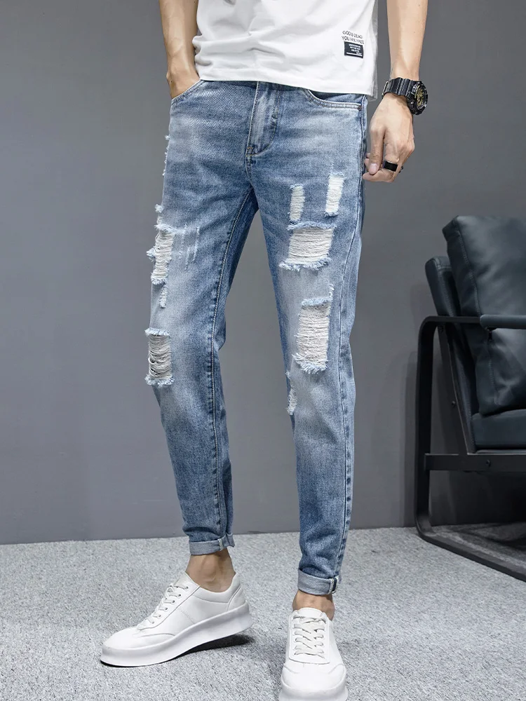 New Ripped Jeans Men's Streetwear Fashion Korean Youth Slim Little Feet Denim Trousers Stretch Cotton Ankle Length Pants Male