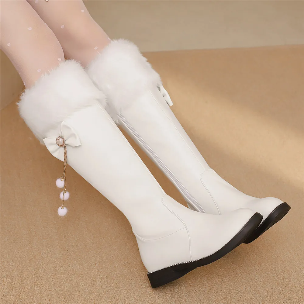 2025 New Women Boots Autumn Winter Girls Booties Faux Fur Knee-High Low-Heel Short Boots Side Zippe Bow Botas Mujer Shoes 31-43 - Image 2