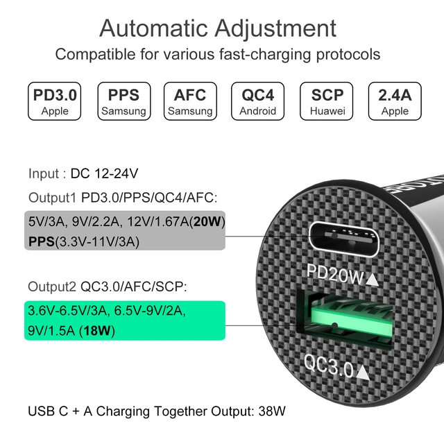 WOTOBE 38W (PD20W + QC18W) auto Ladegerät PD 3,0 Schnelle Lade QC 4,0 QC