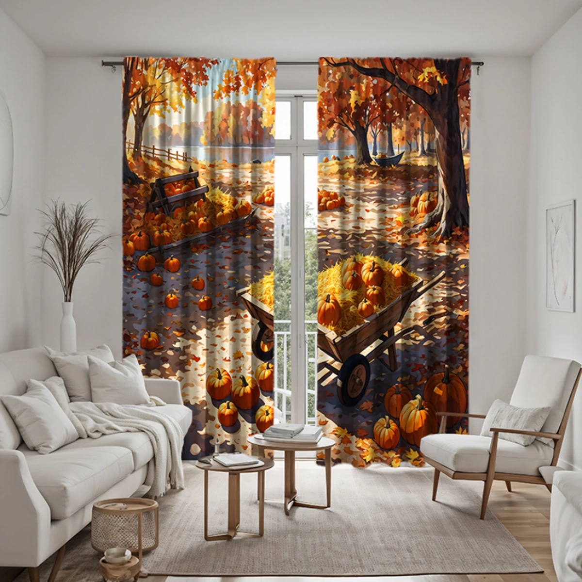 2 pieces of HD autumn wind deciduous pumpkin decorative curtain Yellow tie digital printed curtain home decoration style decorat 6