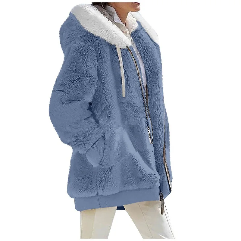 

Autumn/Winter Loose Sweatshirt Plush Long Sleeve Zip Pocket Hooded Hoodies Warm Coat for Women