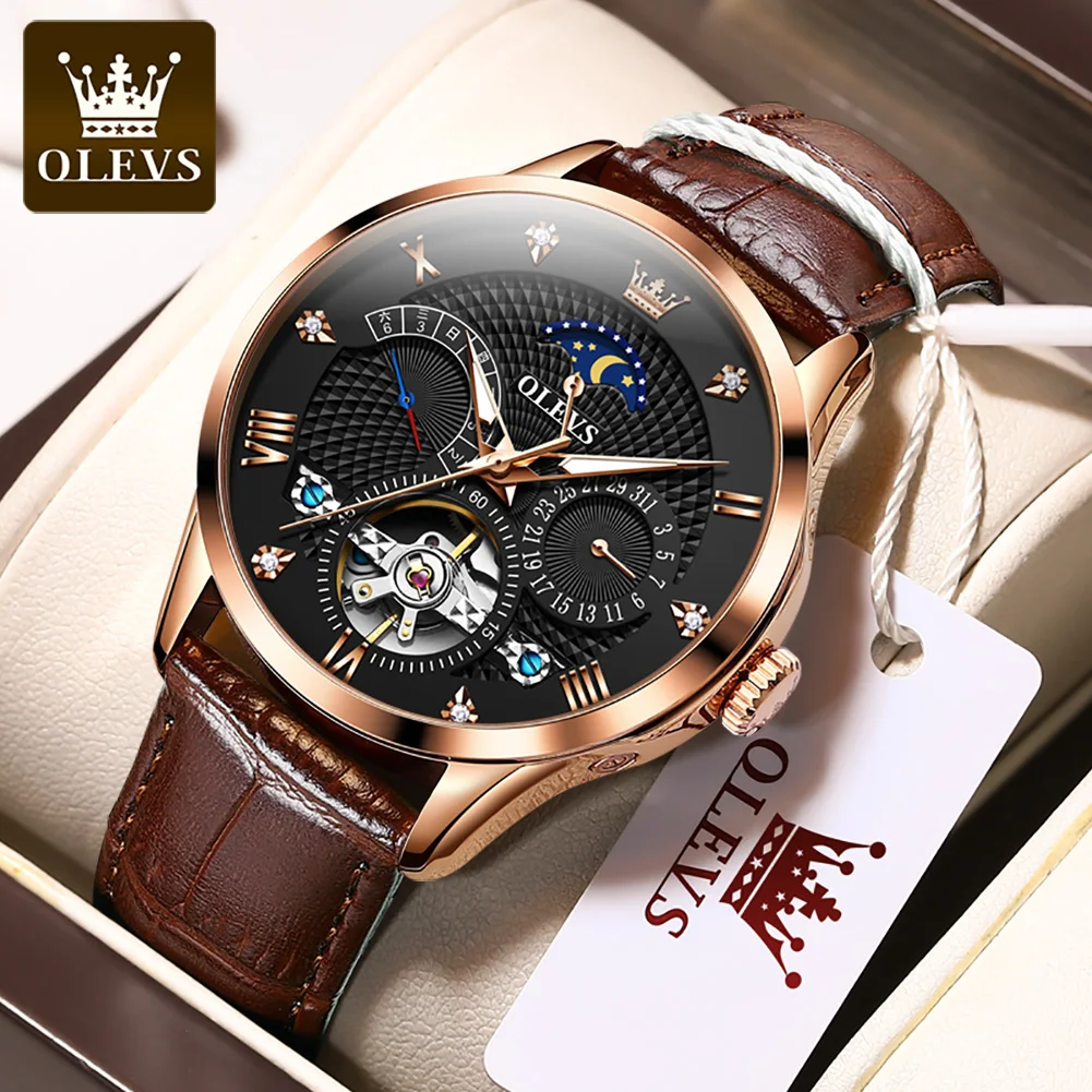 

OLEVS 6652 Fashion Mechanical Watch Gift Genuine Leather Watchband Round-dial Moon Phase Week Display Calendar Luminous