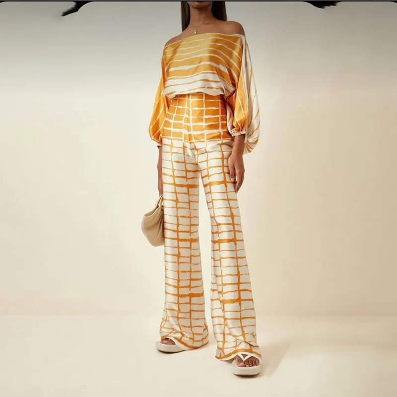 Long Pants 2 Piece Matching Sets Hollow Shoulder Tops Women Casual Satin Print Suit Spring Loose Commuting Outfits Clothes New