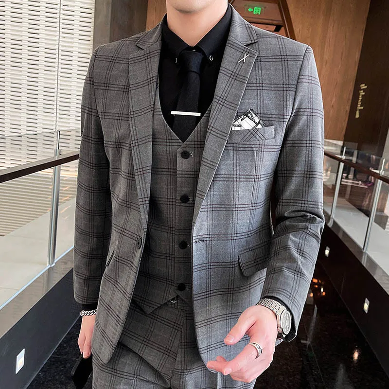 (Jacket+Trouser+Vest) Elegant 3 Piece Set Men's Suit Black Gray Fashion Plaid Groom Wedding Dress Business Office Male Pant Suit