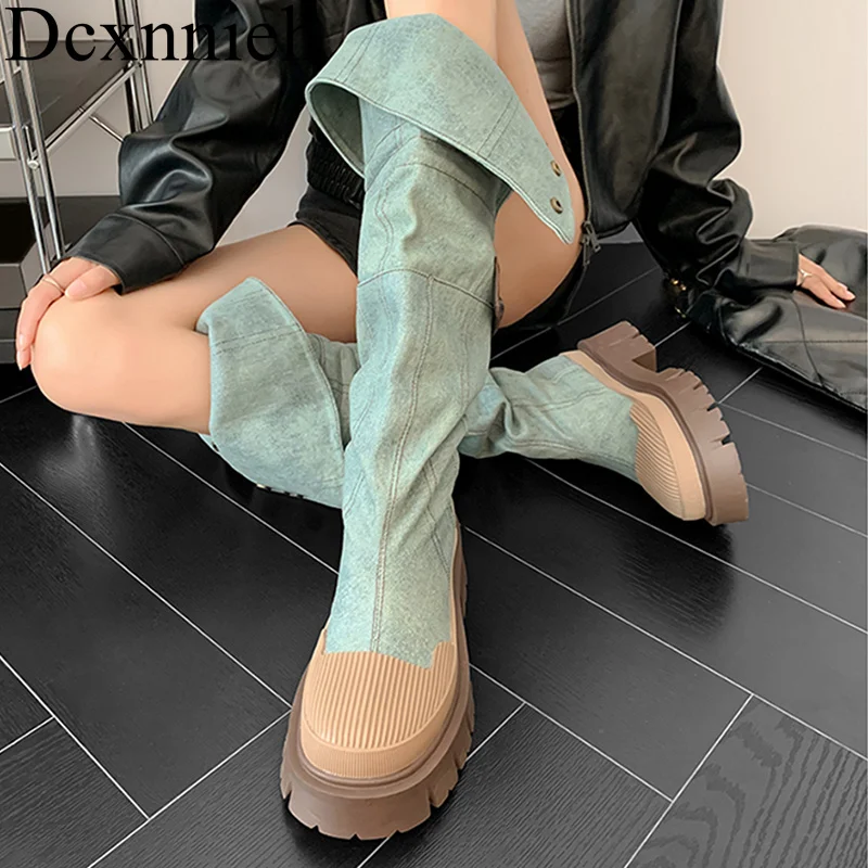 

Spring and Autumn New Slim Fit Long Boots Women's Button Elastic Belt Over Knee Long Boots women Splice Fashion Long Boots 2023