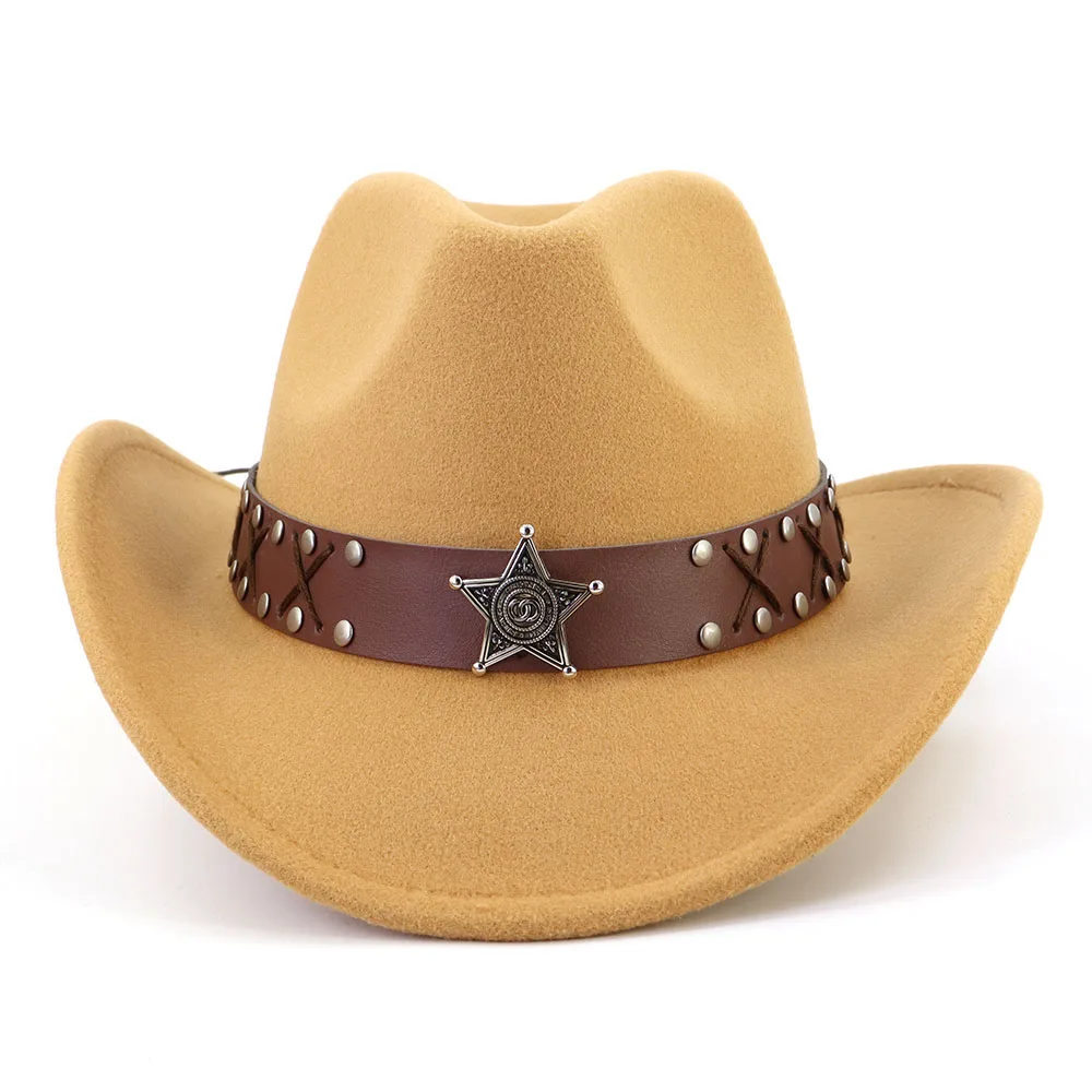 

Women Men Felt Wide Brim Western Cowboy Hats Belt Buckle Panama Hat