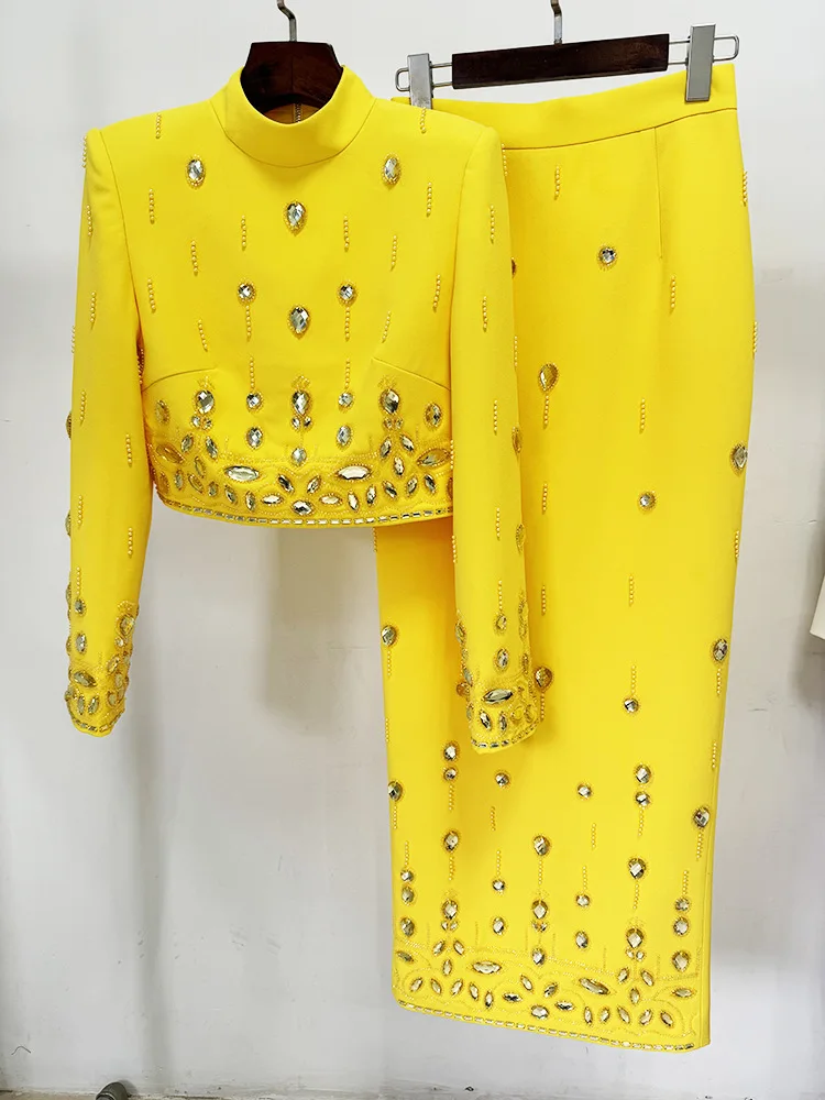 Handmade Beading Short Jacket Skirt Sets Outfits New Designer Long Dress Set White Black Yellow Slim Suits for Women Wedding