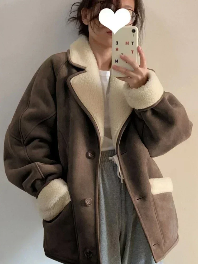 Fashion Lamb Wool Leather Jacket for Women Elegant Lapel Thicken Warm Overcoat New Chic Suede Short Coat Lambskin Outwear