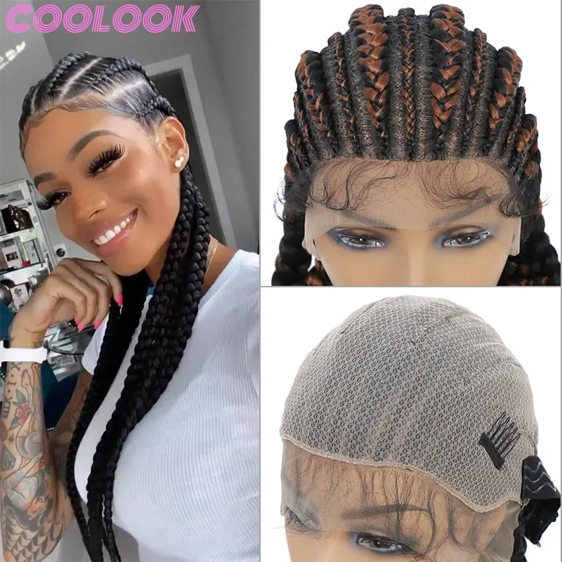 

Cornrow Knotless Braid Lace Front Wig Super Long Box Braids 360 Full Lace Wig Ombre Brown Synthetic Braided Wigs for Black Women