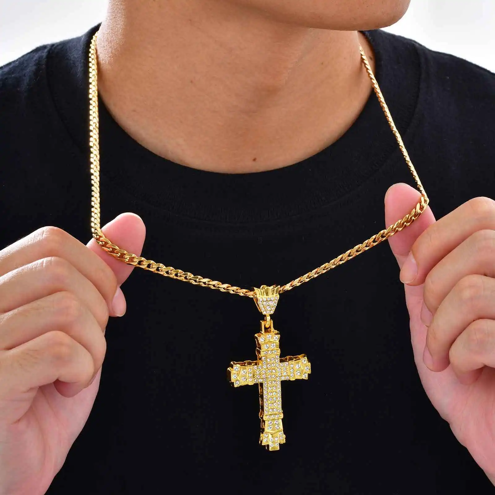 Hip-Hop Strass-Kreuz-Halskette für Männer und Jungen, Punk-Rap Street Cool Kreuz-Metallanhänger-Halskette, Geburtstagsgeschenk für Ehemann und Vater – Detail 2