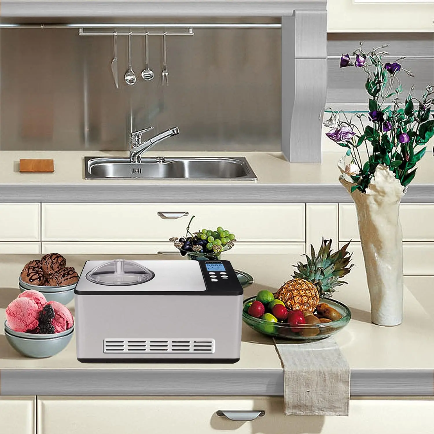 Automatic 2 Quart Capacity Stainless Steel Bowl & Yogurt Function, Built-in Compressor, no pre-freezing, LCD