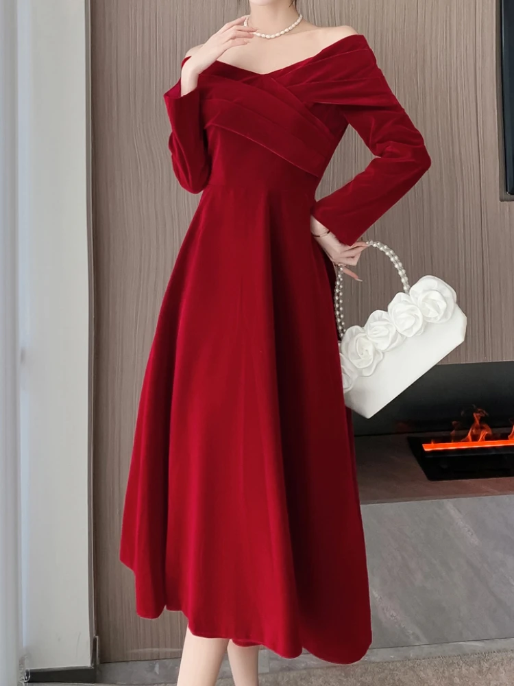 Elegant Women Casual A-Line Party Red Dress Long Sleeve Vintage