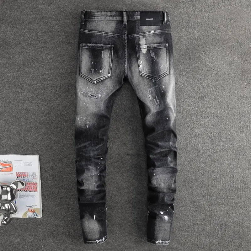 Street Fashion Men Jeans Retro Black Gray Stretch Slim Fit Painted Ripped Jeans Embroidery Patched Designer Hip Hop Brand Pants