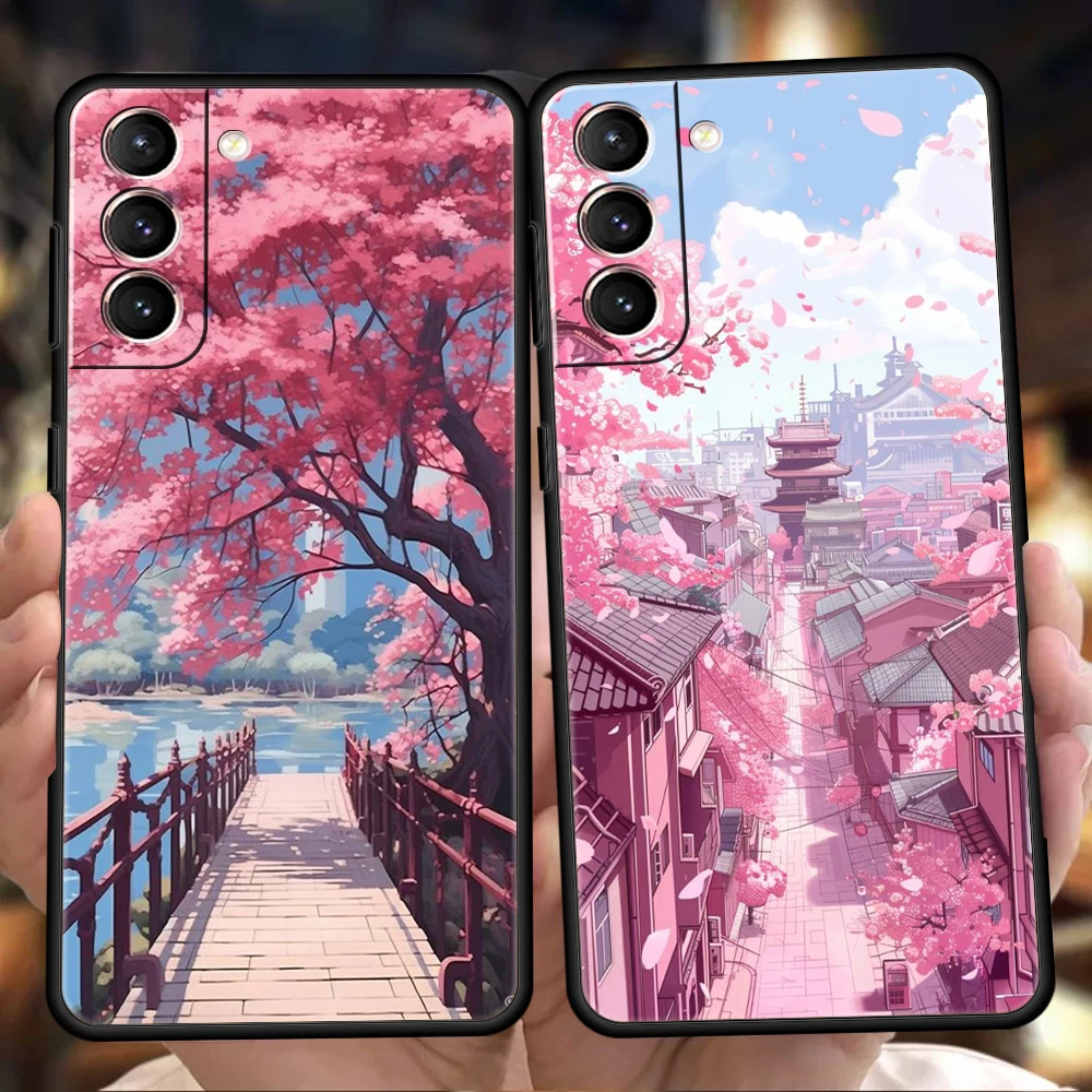 Rosa Frühling Kirschblüten Handyhülle für Samsung Galaxy S24 S23 S22 S20 S21 FE Ultra S10 S10E S9 S8 Plus 5G Silikonhülle Tasche