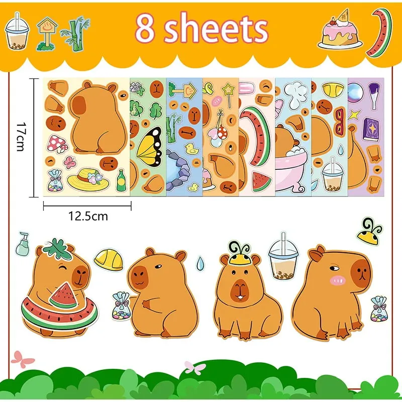 Cartoon Stickers 8sheets Capybara Diy Make A Face Puzzle Toys Kids Birthday Party Favors Pinata Fillers School Rewards