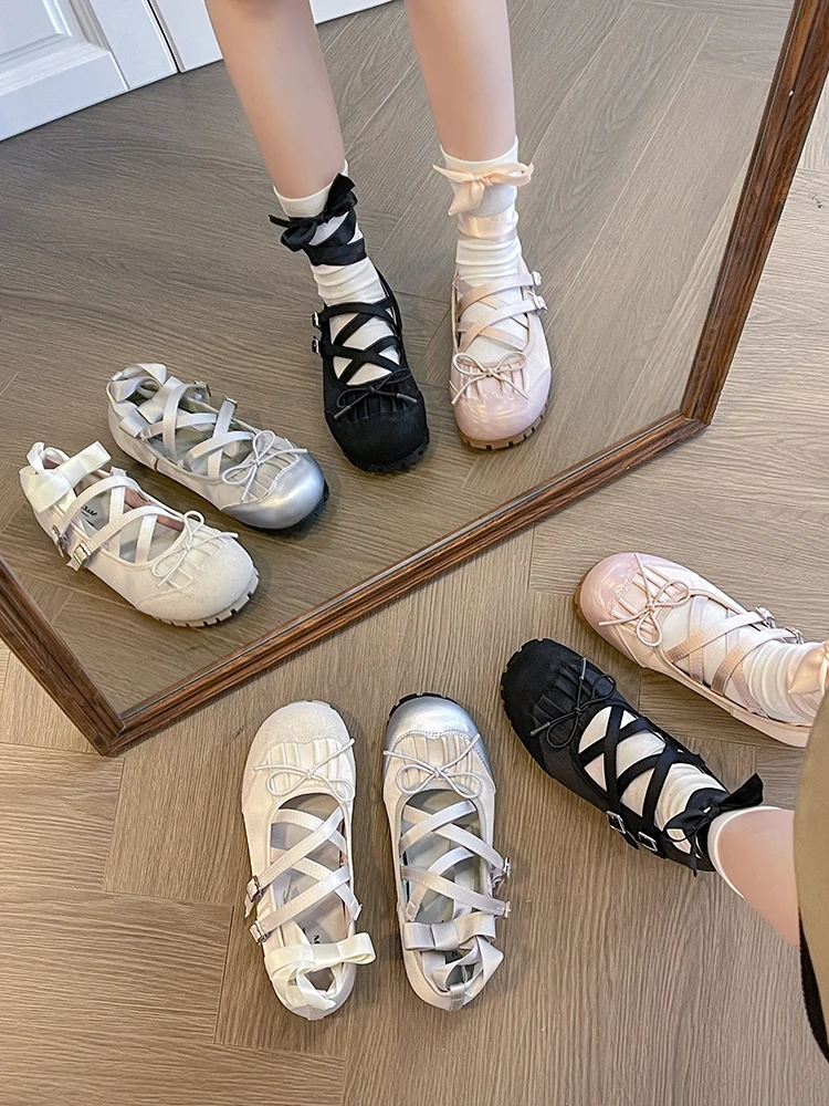 

Балетные туфли с бантом для женщин, повседневные кроссовки на плоской подошве, Балетки с круглым носком, Ретро стиль, 2024