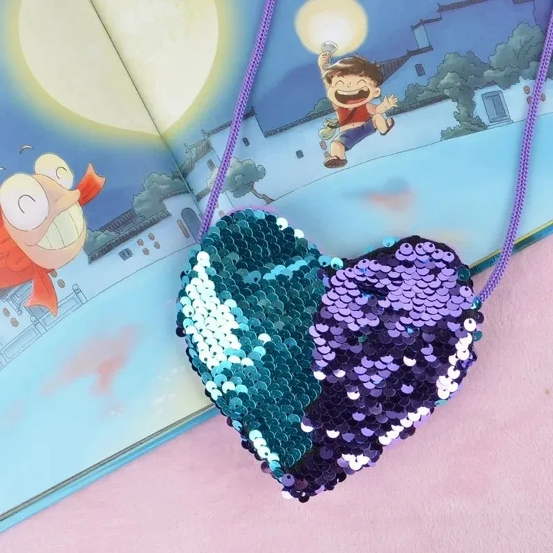 Princess Sequins Heart Shape Baby Bag Cute Solid Color Kid Coin Purse for Toddler Girl Shiny Children Shoulder HandBags Backpack