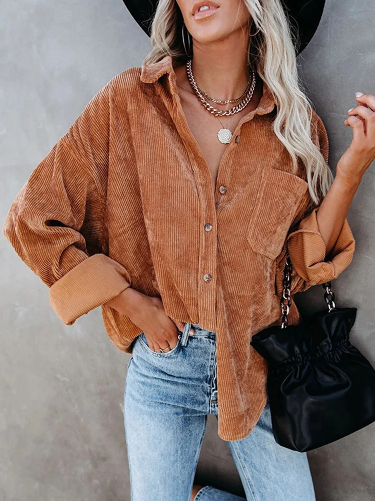 

Autumn Corduroy Long Sleeve Woman Jacket Turndown Collar Button Solid Coat Jackets Fashion Overshirt Loose Pit Strip Coat Female