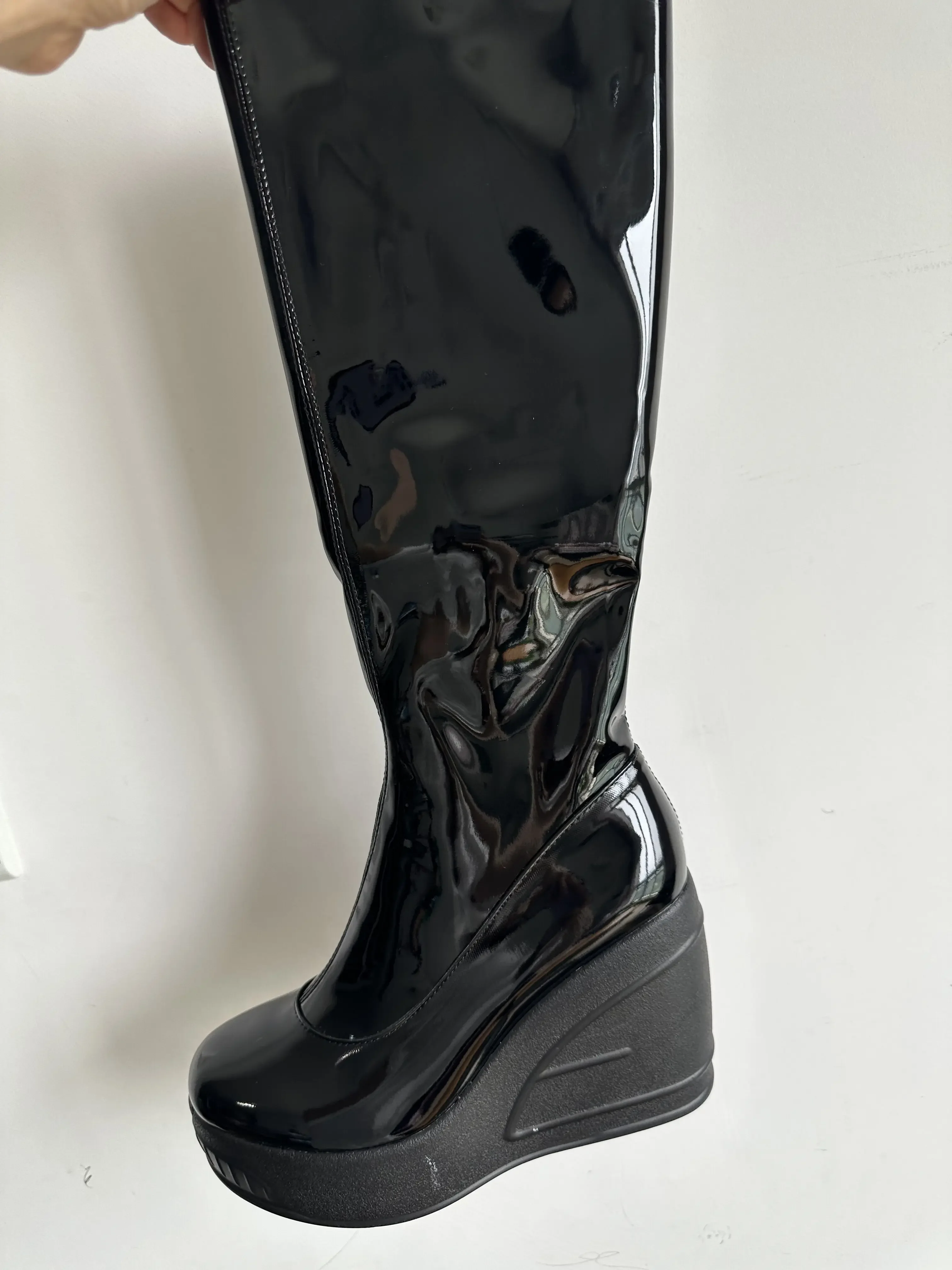 2024 Spring New Slope Heel Thick Bottom Round Toe High Heel Boots Fashion Sexy Cross-border Women's Plus Size Knee-high Boots